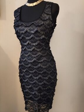 Guess Los Angeles Black Fringe Scallop Sheath Dress